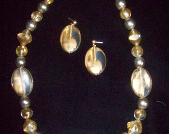 Bold & Chunky SET:   Gold and Clear Plastic/Lucite Beads  Oval, Round, Geometric Shapes + Pierced Earrings