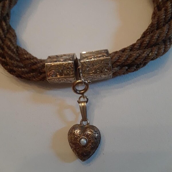 Victorian  Mourning Bracelet,  English Gold-filled,  Woven Hair  with Chased Seed Pearl Heart