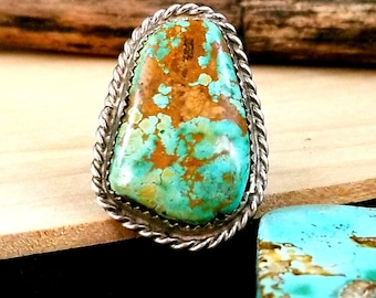 Size 4-1/4- Large Navajo Sterling Silver Ring with  Turquoise -  Excellent Vintage Condition 9.5 grams