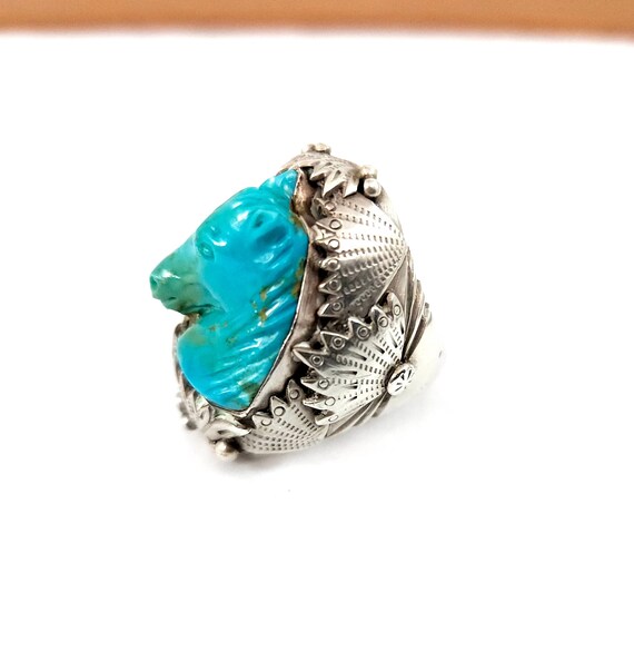Museum Quality Large  Carved Turquoise Horse Ring… - image 4