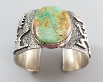 Solid Sterling Silver Navajo Tufa Cast with Royston Turquoise Cuff Bracelet - 141.7 grams