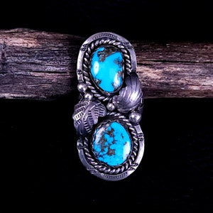 Size 6 -Vintage Fannie Platero Navajo Sterling Silver and  Double Morenci Turquoise Ring - Very Good Vintage Condition