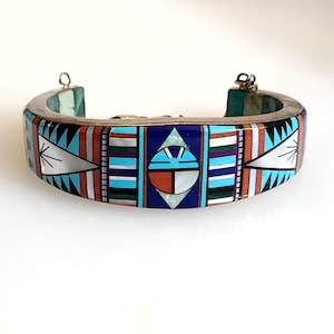Vintage Zuni Sterling Silver and Turquoise Inlay stone Bracelet - 70 grams - Amazing!