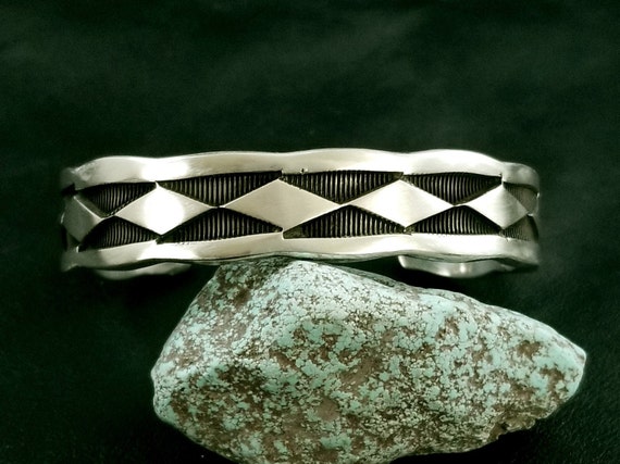 Heavy Sterling Silver Navajo Cuff Bracelet by Eme… - image 1