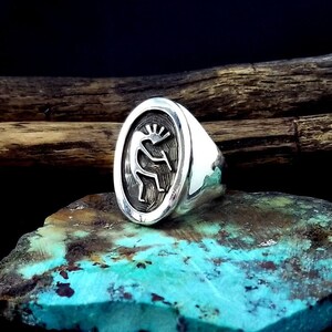 Size - 11-1/4 - Men&#39;s Joe Josytewa Kokopelli Sterling Silver Signet  Ring
