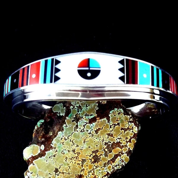 6 5/8" - Vintage Navajo Ernest Benally Sterling Silver  Turquoise Inlay Cuff Bracelet - 56.3 grams - Excellent Condition - Free Shipping