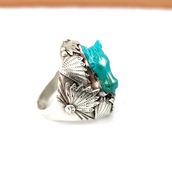 Museum Quality Large  Carved Turquoise Horse Ring… - image 3