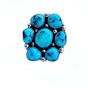 Size 9-1/2 - Large Navajo Sterling Silver and Turquoise Cluster Ring  - Hallmarked  - 16.9 grams