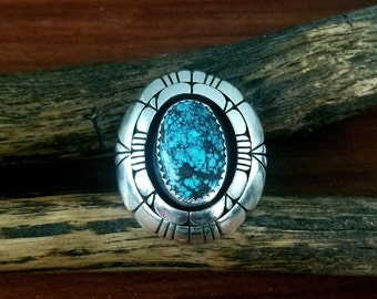 Size 8- Vintage Navajo Sterling Silver and "Maybe" Lander Blue Turquoise Ring -Excellent Condition - 15.9 grams - Rita Teller De Chelly Shop