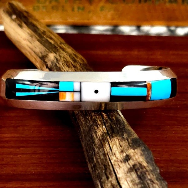 6 5/8" - Vintage Navajo Ernest Benally Sterling Silver  Turquoise Inlay Cuff Bracelet - 56.3 grams - Excellent Condition - Free Shipping