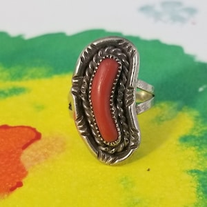 Navajo Sterling Silver and Red Coral  Ring - Size 7-3/4