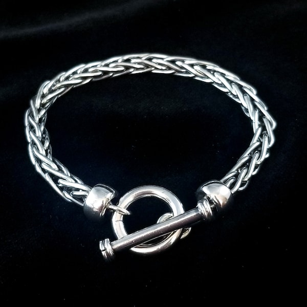 8"  Vintage  Sterling Silver Foxtail Braid Bracelet with Toggle Clasp - Excellent Condition - 33.4 grams