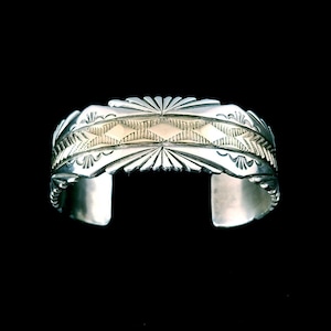 Bruce Morgan Solid Sterling Silver  and 14k Gold Signed Navajo Cuff Bracelet - 53.6 grams - Excellent Condition