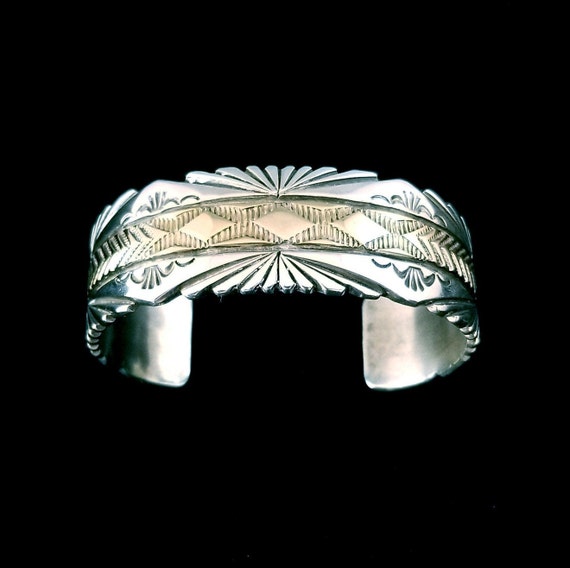 Outstanding Native American Navajo Sterling Silver & 14k Gold Bracelet, Signed Outstanding Native American Navajo Sterling Silver & 14k Gold Bracelet, Signed