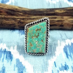 Size 9-3/4 - Large Navajo Sterling Silver  and Fox Turquoise Ring - Very Good Condition - 14.5 grams - Hallmarked