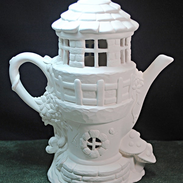 Large Teapot/Fairy house in ceramic bisque, loads of detail, garden décor,  Fairy garden décor, unpainted ceramics