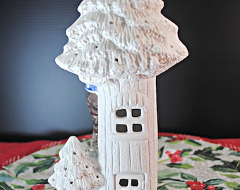 Ceramic Bisque Christmas Tree House, Unpainted Village, DIY Project