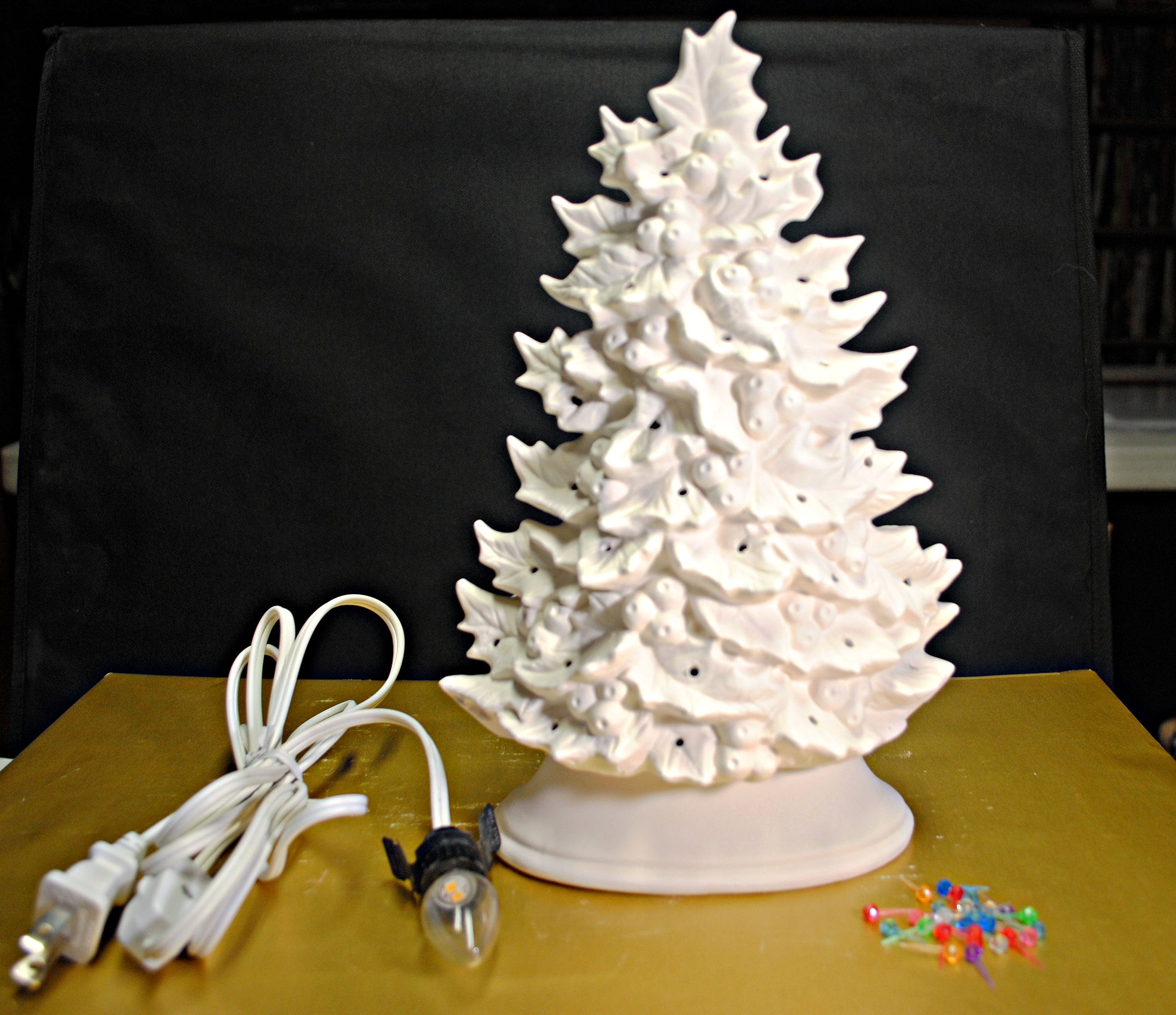 Holly tree in ceramic bisque, with  light kit and bulbs, unpainted ceramics, ceramic Christmas tree, bisque tree, Christmas decor.