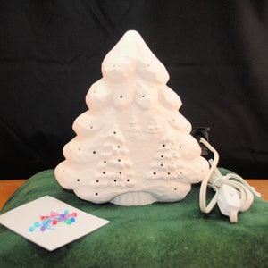 Ceramic Christmas tree with winter design on front, Light up tree, Holiday decor, ceramic bisque tree, light kit optional