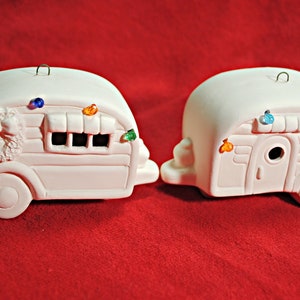 Holiday Camper/Trailer ornaments in ceramic bisque, set of 2, with or without holes for lights.