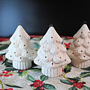A set of 3 little Christmas tree ornaments, with holes or without, unpainted ceramics