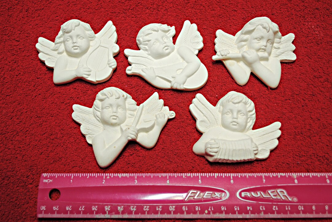 5 Different Musical Cherubs in Ceramic Bisque, Use as or Pins
