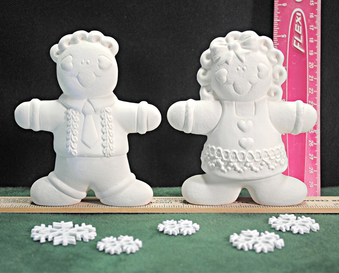 Gingerbread Couple Ornaments in Ceramic Bisque, Unpainted Ceramics