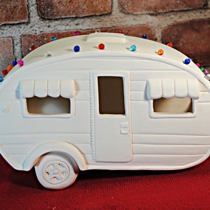 Ceramic bisque Camping Trailer #1, hippie trailer, ready to paint bisque trailer, unpainted ceramic, with or without light kit.