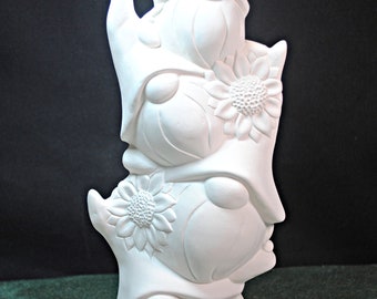 Gnome and Sunflower stack in ceramic bisque, unpainted ceramics, ready to paint