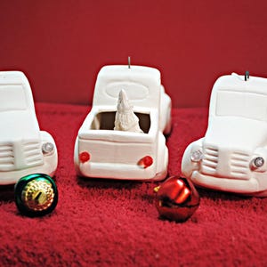 Small vintage truck ornaments in ceramic bisque, set of 3, unpainted ceramics