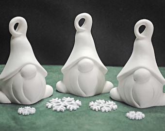 Unpainted Ceramic Gnome Christmas Ornaments - Set of 3