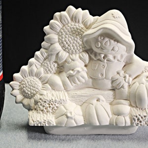 Ceramic bisque Scarecrow, sunflowers and pumpkins insert for vintage truck, trailer, or sidewall planter, fall decor, Halloween,