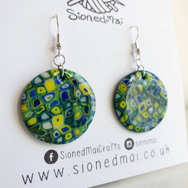 Polymer Clay Earrings Blue Green Yellow Circle