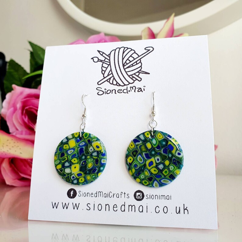 Polymer Clay Earrings Blue Green Yellow Circle