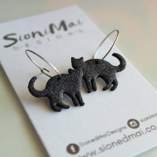 Black Cat Earrings | Cute Halloween Goth Aesthetic | Glitter | Polymer Clay Earrings