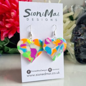 Neon UV Glow Heart Earrings, 00&#39;s, 90s, 80s Retro Polymer Clay Earrings