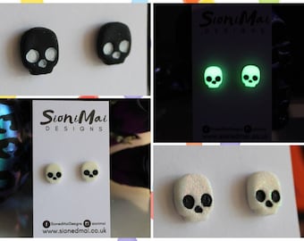 Skull Stud Halloween Earrings | Glow in the Dark | Glitter | Polymer Clay Earrings