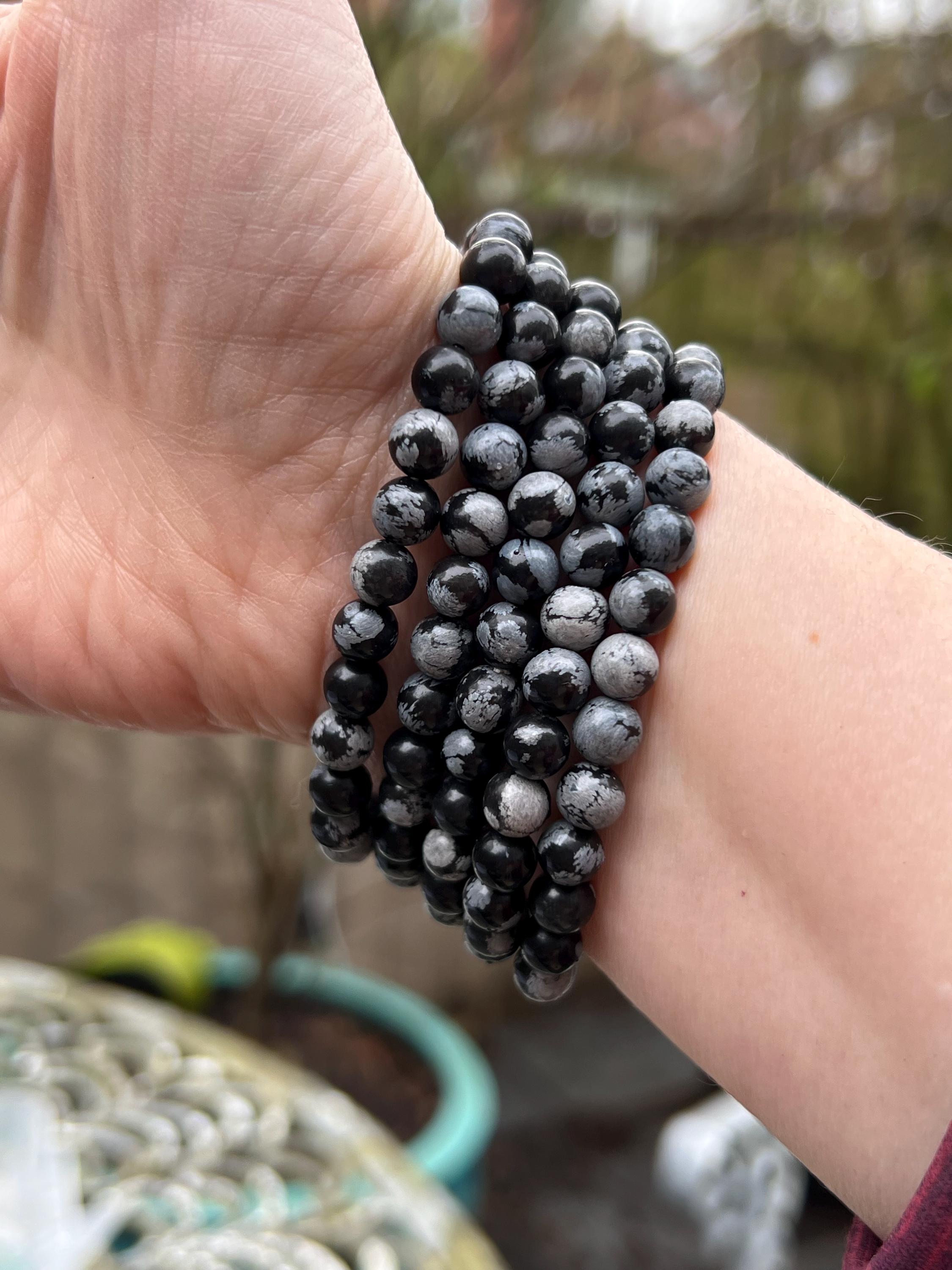 スノーフレークオブシディアンビーズブレスレット 6 mm - Etsy 日本