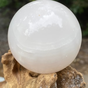 May include: A white selenite sphere, a smooth, polished crystal ball, resting on a piece of weathered driftwood.