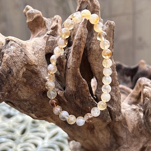 May include: A bracelet made of small, round, clear and golden beads. The beads are strung together on a clear elastic cord. The bracelet is lying on a piece of driftwood.