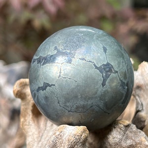 May include: A spherical pyrite gemstone, also known as fool's gold, with a metallic grey colour and a cracked surface. The sphere is resting on a piece of driftwood, with a blurred green and brown background.