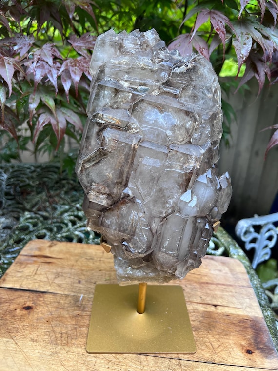 Smoky Quartz Fenster Elestial Window Crystal 3711g 8 Brazilian Specimen with Stand Collectors Piece