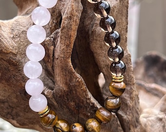Releasing The Past - Rose Quartz Tigers Eye Smoky Quartz Beaded Bracelet 8mm