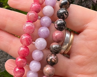Rhodonite & Lepidolite Crystal Bracelet, 8mm Beaded, Handmade