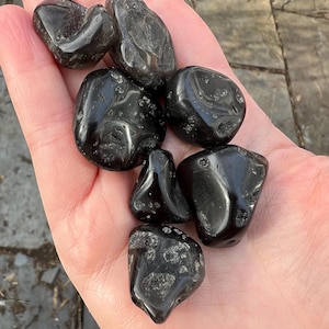 May include: A collection of seven black tumbled obsidian stones, each with a unique shape and texture. The stones are smooth and polished, with a deep black color.