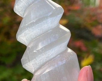 Selenite Unicorn Horn Spiral Tower AAA+