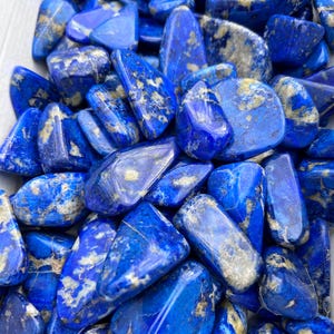 Könnte beinhalten: Nahaufnahme einer Ansammlung polierter Lapislazuli-Steine. Die Steine sind tiefblau mit goldenen und weißen Einschlüssen. Die Formen variieren von abgerundet bis länglich. Diese Edelsteine werden oft für Schmuck verwendet.