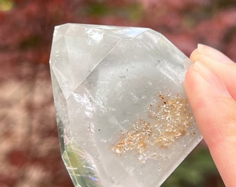 Puede incluir: Un cristal de cuarzo transparente con una forma facetada única. El cristal tiene un aspecto nublado con pequeñas inclusiones doradas.