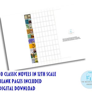 May include: A digital download of 10 miniature classic novels in 1/12th scale. The image shows a grid and the text "10 Classic Novels in 12th Scale, Blank Pages Included, Digital Download." The logo reads "The Wooden Houses Miniatures."