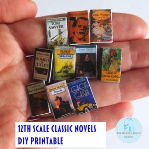 May include: A collection of miniature classic novels, such as "Tom Sawyer" and "Dracula." The small books have colourful covers and are labelled "12th Scale Classic Novels DIY Printable."